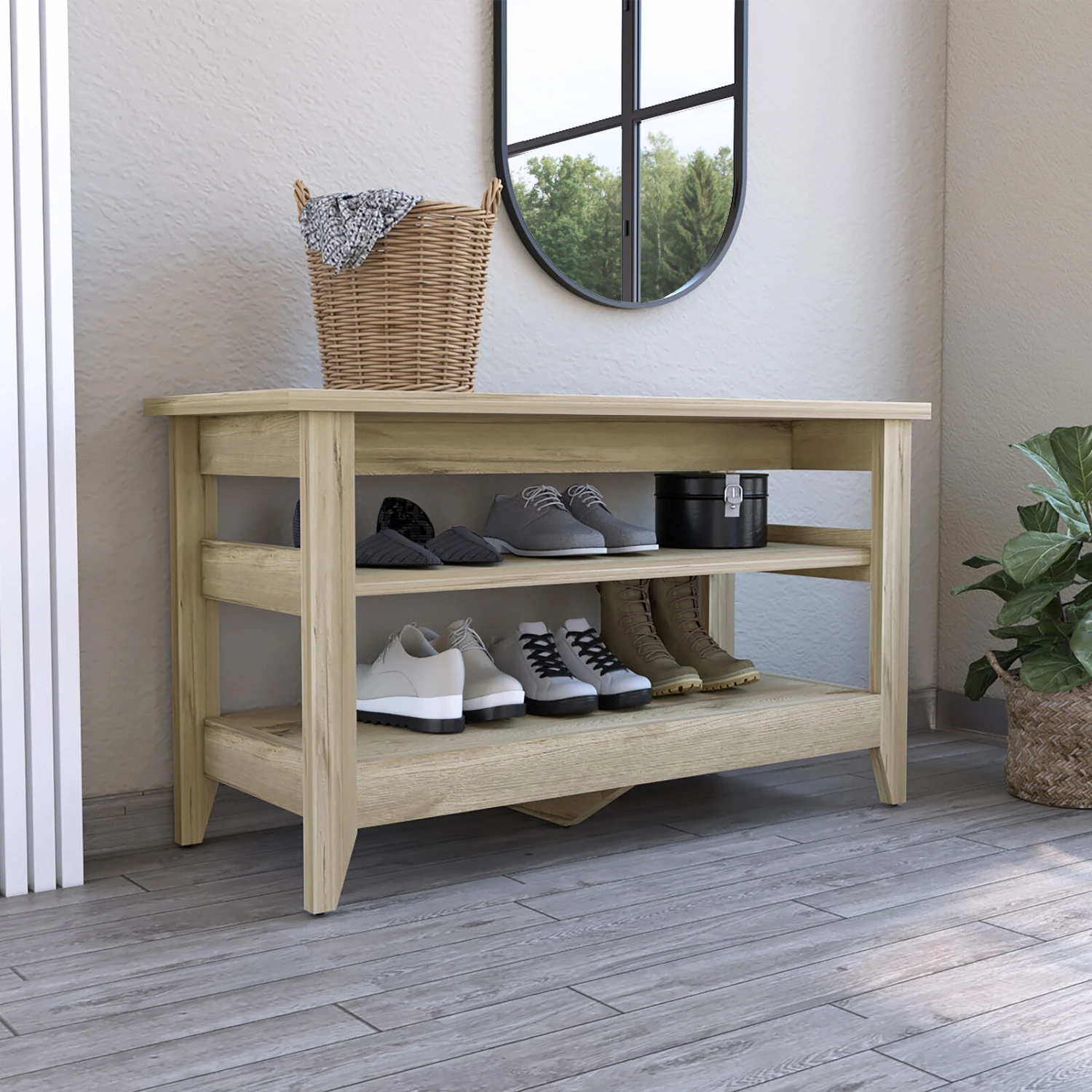 DEPOT E-SHOP Mason Storage Bench, Two Open Shelves, Light Oak 4 DEPOT E-SHOP Mason Storage Bench, Two Open Shelves, Light Oak - Image 2