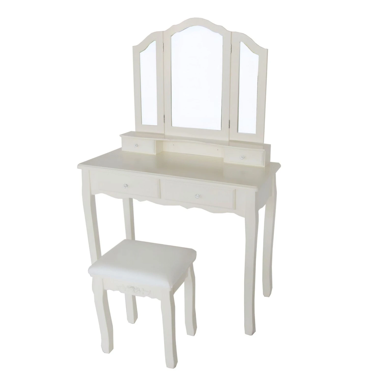 35 Inch 3 Piece Vanity Desk Set With Cushioned Stool And Elegant Trifold Mirror, 4 Drawers, Off White Solid Wood-Benzara 7 35 Inch 3 Piece Vanity Desk Set With Cushioned Stool And Elegant Trifold Mirror, 4 Drawers, Off White Solid Wood-Benzara - Image 5