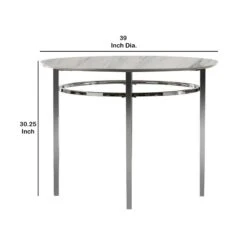 Contemporary Round Dining Table With Faux Marble Top, White And Chrome-Benzara -Home Furniture Shop 576d979f6a644eaf98d75c0b42872c6e