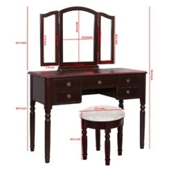 43 Inch 3 Piece Vanity Desk Set With Elegant Trifold Mirror And A Cushioned Stool, Espresso Brown Solid Wood-Benzara -Home Furniture Shop 5807108ef25b453fb3cf4578558a8fbd