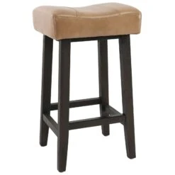 26 Inch Wooden Frame Leatherette Backless Counterstool, Beige-Benzara