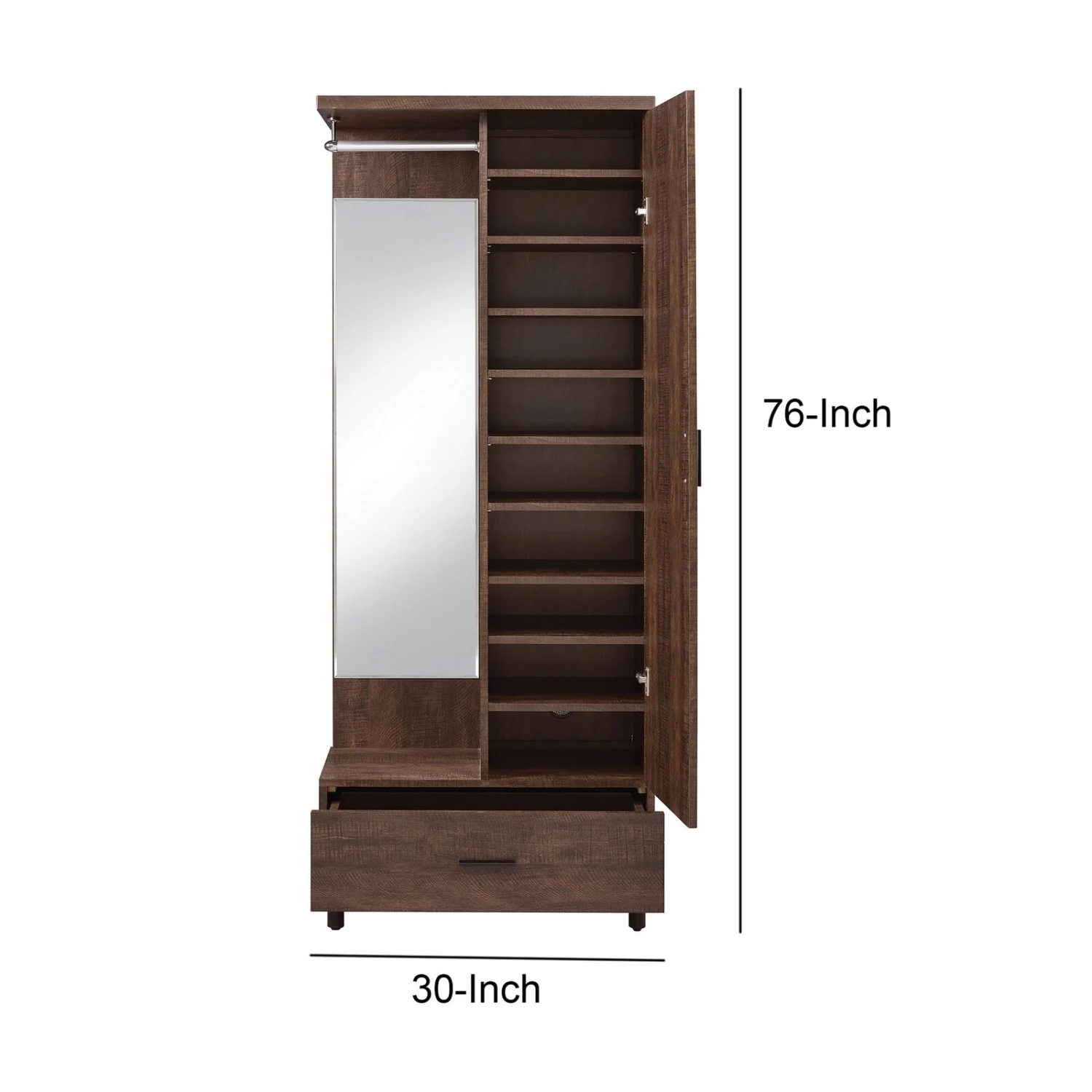 Mirrored Wooden Hall Tree With 1 Door And 1 Drawer, Brown And Silver-Benzara 7 Mirrored Wooden Hall Tree With 1 Door And 1 Drawer, Brown And Silver-Benzara - Image 5