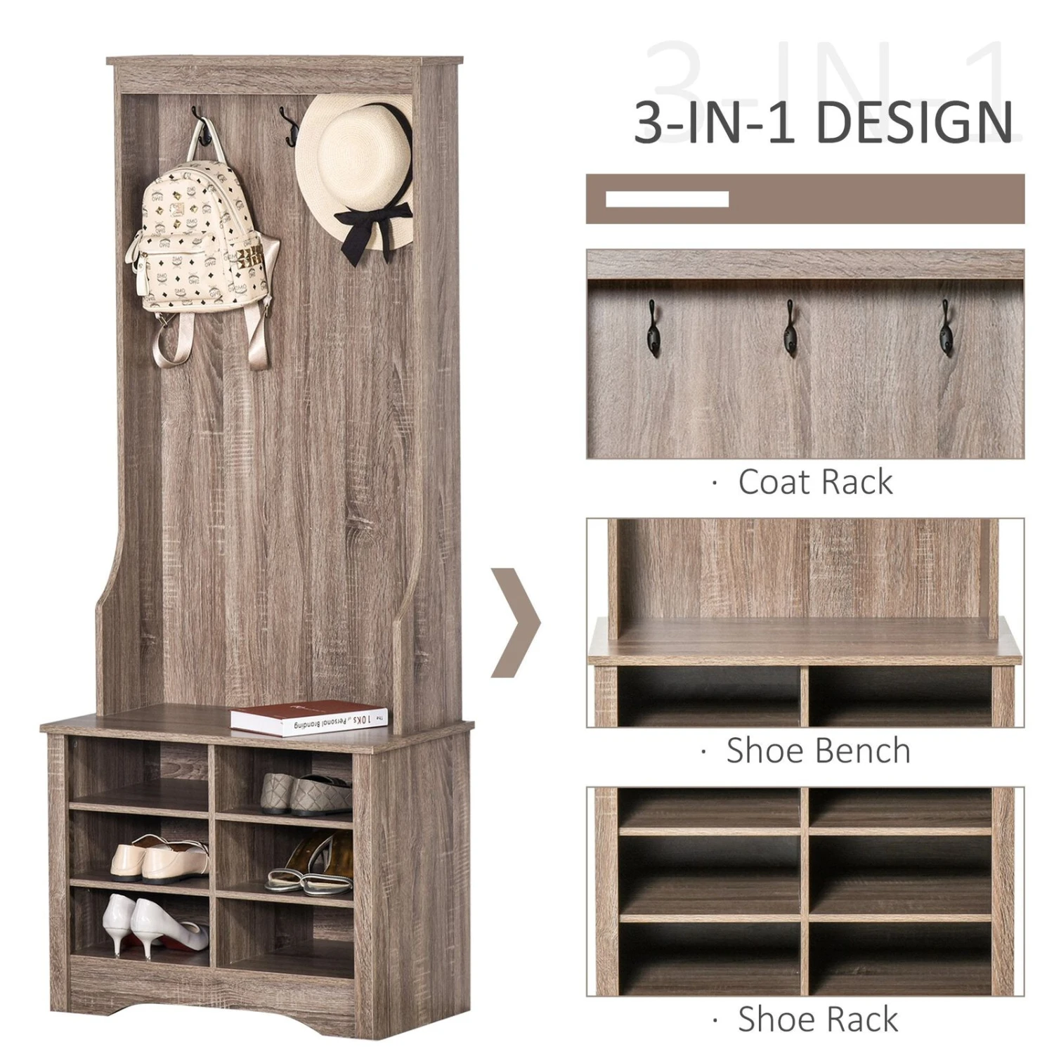 Coat Rack Wooden Hall Tree Storage Organizer Shoe Bench With Shoe Rack 3 Hooks For Hallway Or Living Room, Brown 6 Coat Rack Wooden Hall Tree Storage Organizer Shoe Bench With Shoe Rack 3 Hooks For Hallway Or Living Room, Brown - Image 4