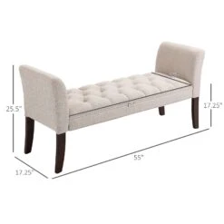 End Of Bed Bench With Button Tufted Design, Upholstered Bench With Arms And Solid Wood Legs For Bedroom, Beige -Home Furniture Shop 60cf249d7d3f4746813d2e9a9abb5036