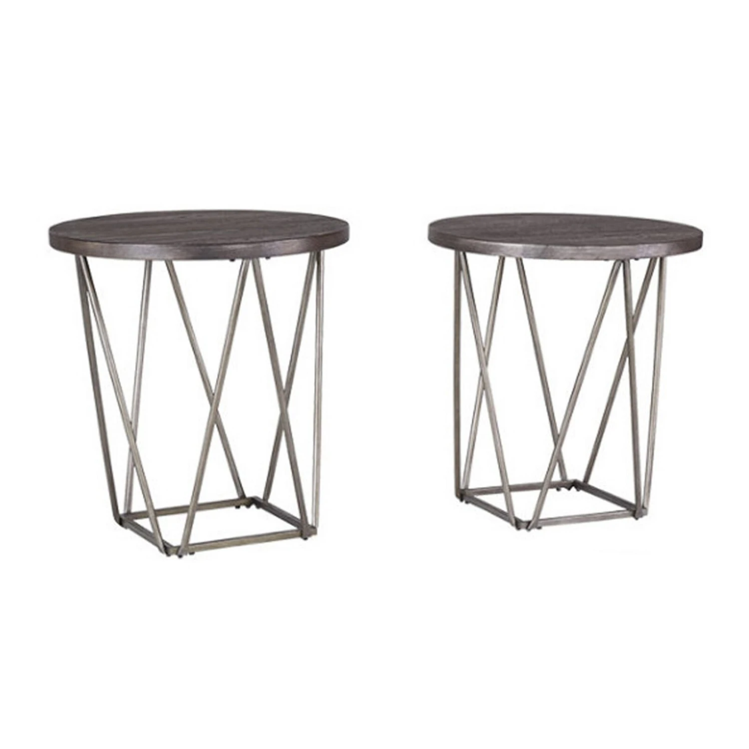 Elm Wood Table Set With Bridge Truss Metal Base, Set Of Three, Brown And Gray-Benzara 5 Elm Wood Table Set With Bridge Truss Metal Base, Set Of Three, Brown And Gray-Benzara - Image 3