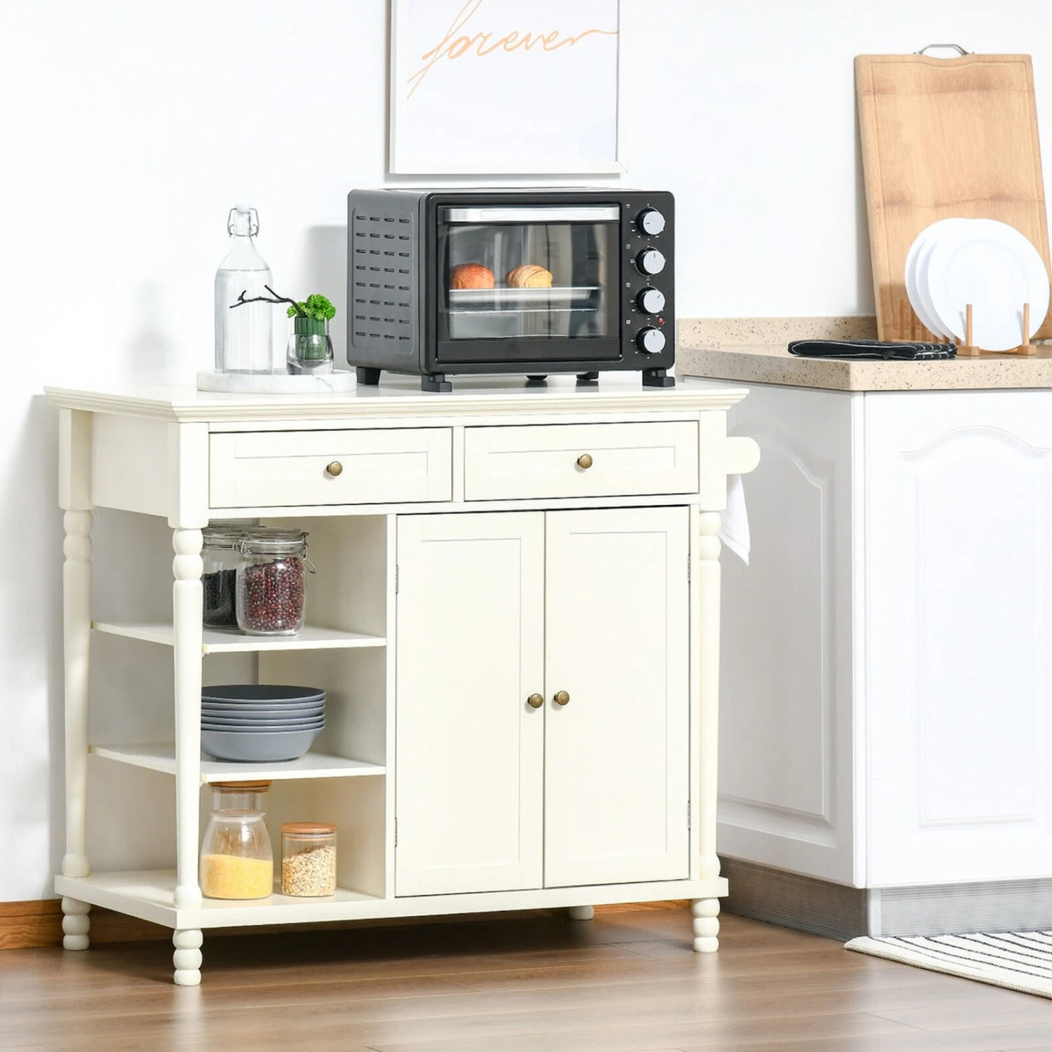 Kitchen Storage Island On Wheels, Rolling Kitchen Island Cart With 3-Tier Shelf, Cabinet With Adjustable Shelving And Towel Rack, White 4 Kitchen Storage Island On Wheels, Rolling Kitchen Island Cart With 3-Tier Shelf, Cabinet With Adjustable Shelving And Towel Rack, White - Image 2