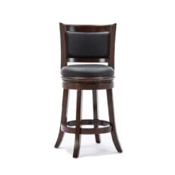Round Wooden Swivel Counter Stool With Padded Seat And Back, Dark Brown