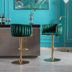 Set Of 2 Bar Stools, With Chrome Footrest And Base Swivel Height Adjustable Mechanical Lifting Velvet + Golden Leg Simple Bar Stool-Green -Home Furniture Shop 63f6bcad82ce45419f0bdf9dca6f4cfa