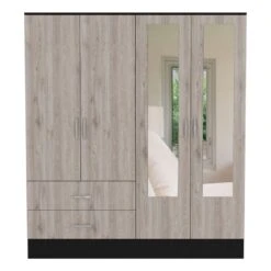 DEPOT E-SHOP Gangi 160 Armoire, Double Door Cabinet , Two Mirrors, Metal Hardware, Two Drawers, Rod, Six Shelves, Black / Light Gray