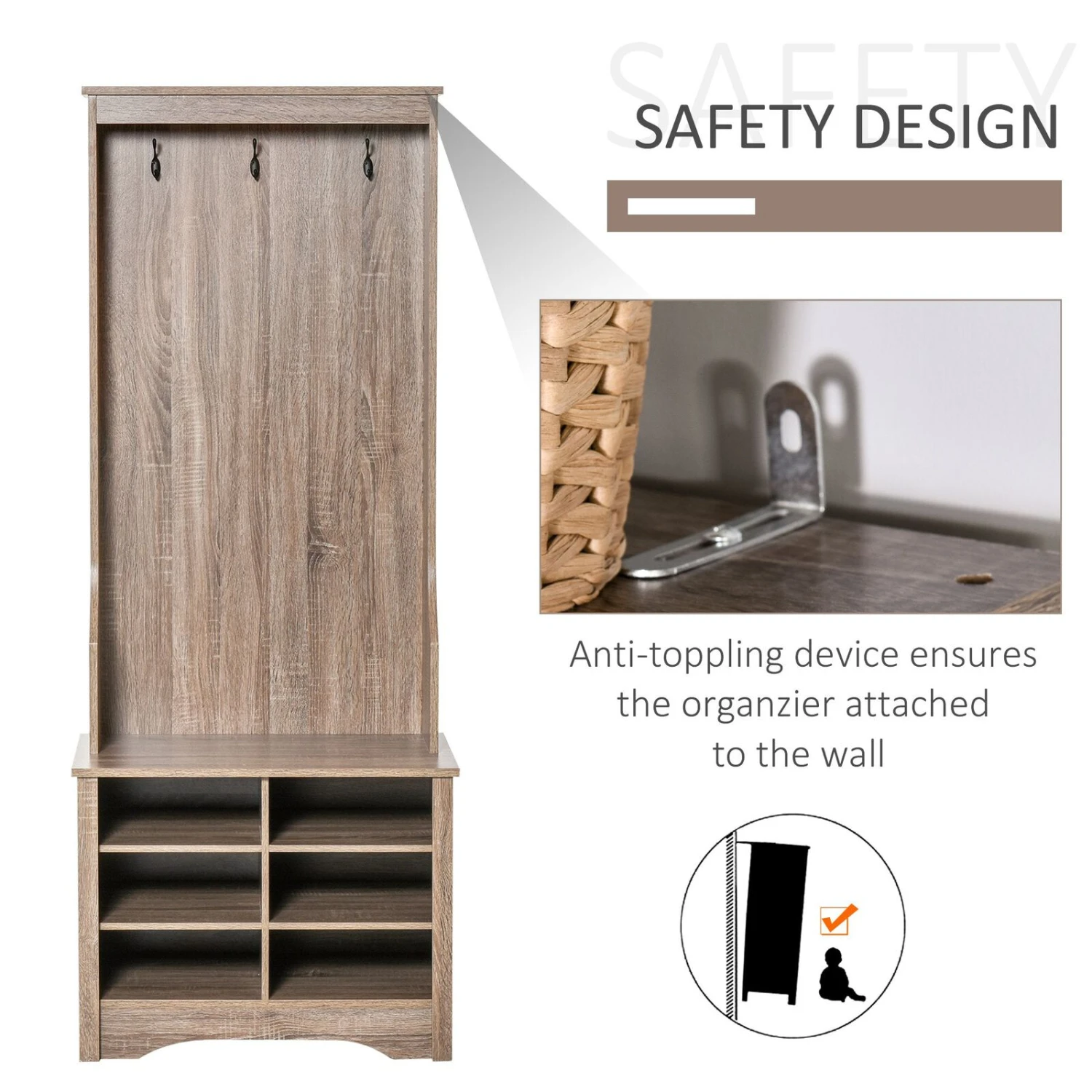 Coat Rack Wooden Hall Tree Storage Organizer Shoe Bench With Shoe Rack 3 Hooks For Hallway Or Living Room, Brown 7 Coat Rack Wooden Hall Tree Storage Organizer Shoe Bench With Shoe Rack 3 Hooks For Hallway Or Living Room, Brown - Image 5