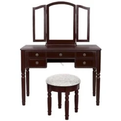 43 Inch 3 Piece Vanity Desk Set With Elegant Trifold Mirror And A Cushioned Stool, Espresso Brown Solid Wood-Benzara