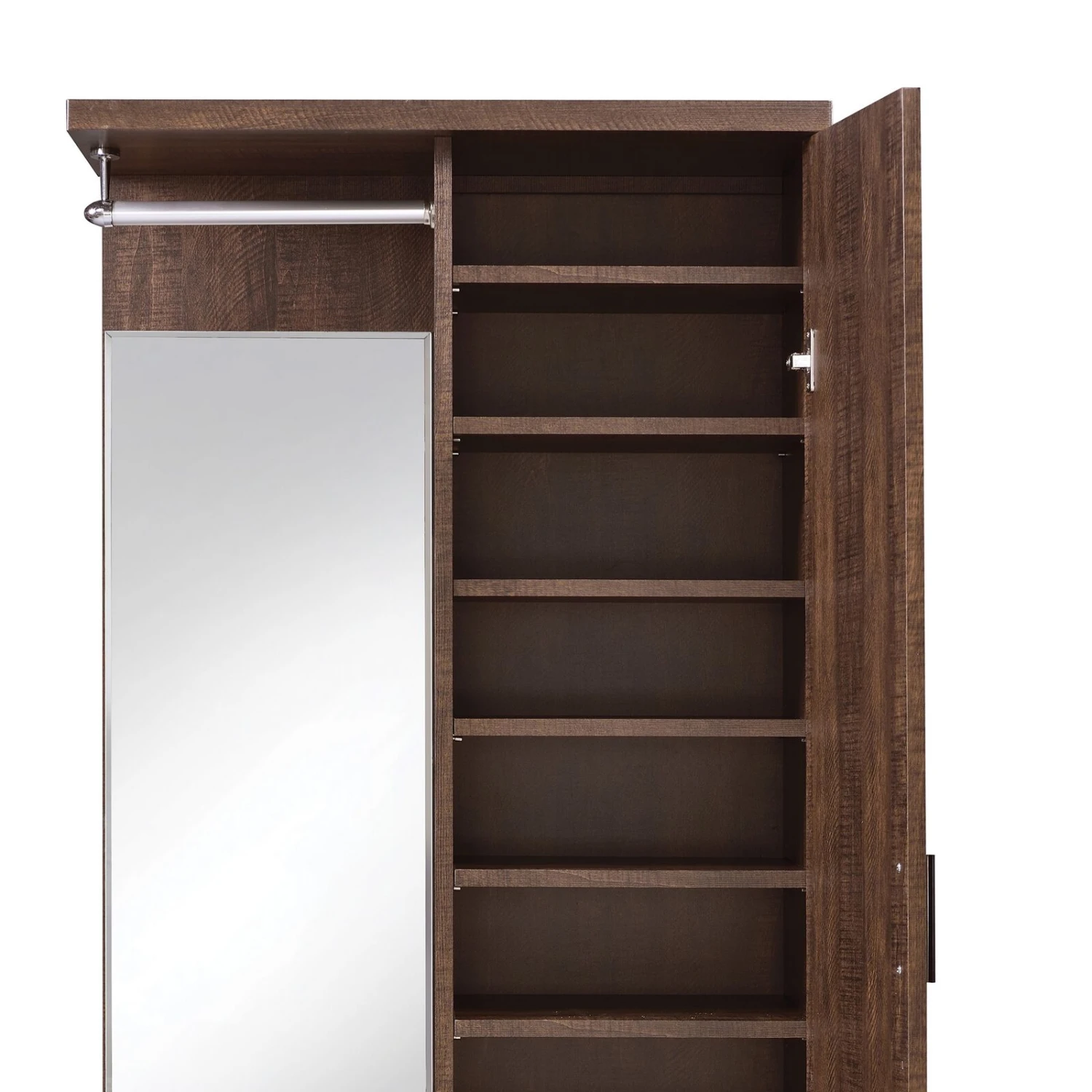 Mirrored Wooden Hall Tree With 1 Door And 1 Drawer, Brown And Silver-Benzara 5 Mirrored Wooden Hall Tree With 1 Door And 1 Drawer, Brown And Silver-Benzara - Image 3