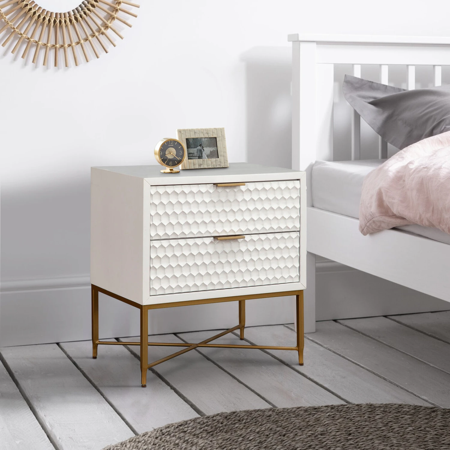 Rexi 26 Inch 2 Drawer Nightstand, Honeycomb, Mahogany Wood, White, Gold-Benzara 4 Rexi 26 Inch 2 Drawer Nightstand, Honeycomb, Mahogany Wood, White, Gold-Benzara - Image 2