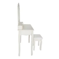 35 Inch 3 Piece Vanity Desk Set With Cushioned Stool And Elegant Trifold Mirror, 4 Drawers, Off White Solid Wood-Benzara 18 35 Inch 3 Piece Vanity Desk Set With Cushioned Stool And Elegant Trifold Mirror, 4 Drawers, Off White Solid Wood-Benzara -Home Furniture Shop 67326d69e52749b6aa9cc75d5ee6bc3e