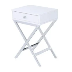 Wood And Metal Side Table With Crossed Base, White And Silver-Benzara
