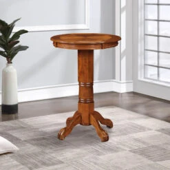 Ava 42 Inch Wood Pub Bar Table, Sunburst Design, Carved Pedestal, Walnut- Benzara -Home Furniture Shop 68e20c2dde0544a28feee0e50e0e1582