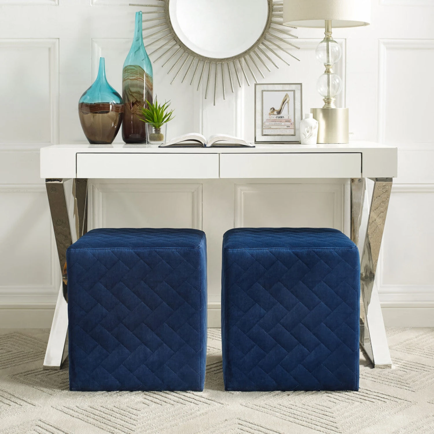 Homezia 17" Navy Velvet Quilted Cube Ottoman 4 Homezia 17" Navy Velvet Quilted Cube Ottoman - Image 2