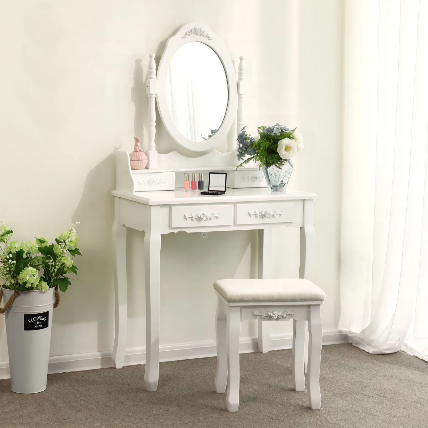 Ren 30 Inch 3 Piece Vanity Desk Set With Rotating Mirror And Matching Stool, 4 Drawers, Pure White Solid Wood-Benzara 4 Ren 30 Inch 3 Piece Vanity Desk Set With Rotating Mirror And Matching Stool, 4 Drawers, Pure White Solid Wood-Benzara - Image 2