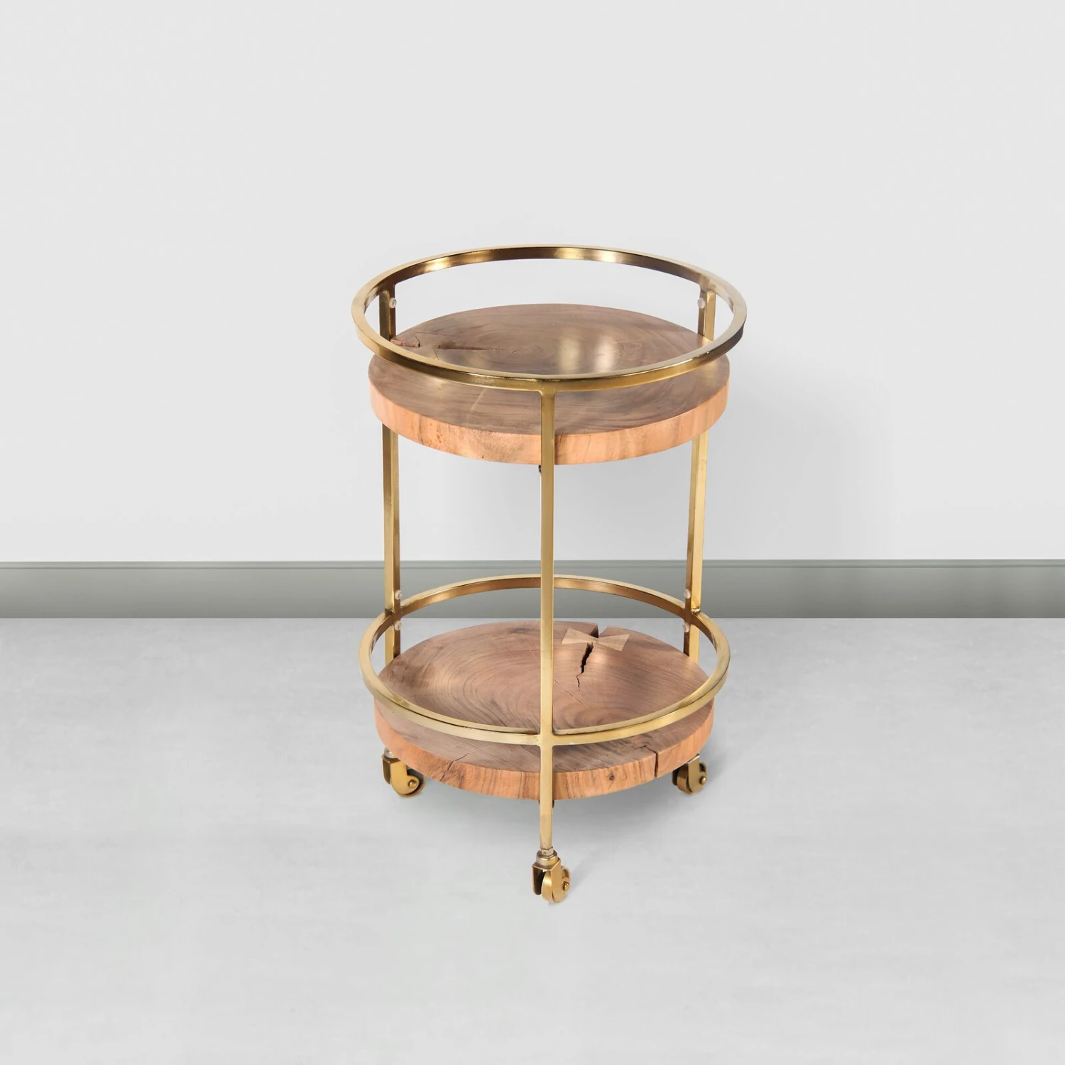 34 Inch 2 Tier Industrial Style Tea And Bar Cart, Live Edge Mango Wood Shelves, Metal Frame, Brown, Brass-Benzara 11 34 Inch 2 Tier Industrial Style Tea And Bar Cart, Live Edge Mango Wood Shelves, Metal Frame, Brown, Brass-Benzara - Image 9