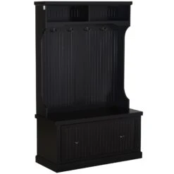 Hall Coat And Shoe Storage Hall Cabinet With Top And Bottom Storage Metal Double Hooks And Bench Black