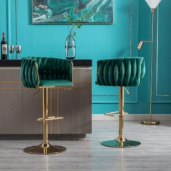 Set Of 2 Bar Stools, With Chrome Footrest And Base Swivel Height Adjustable Mechanical Lifting Velvet + Golden Leg Simple Bar Stool-Green -Home Furniture Shop 6b77f83ded1c4eb1805a6a0a965105fa
