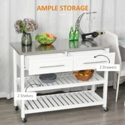 Kitchen Cart On Wheels With Stainless Steel Top, Rolling Kitchen Island Cart With Glass Door, White -Home Furniture Shop 6bebe5e7746147eabc7c46a7ddfec1da