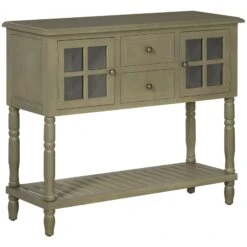 Vintage Console Table With 2 Drawers And Cabinets, Retro Sofa Table For Entryway, Living Room And Hallway, Light Grey
