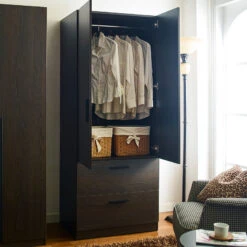 FC Design Klair Living Two-Door Wood Closet With Two Drawers And Hanging Bars In Dark Brown -Home Furniture Shop 6d02b4ca9e6b4656b7152b468b3e39aa