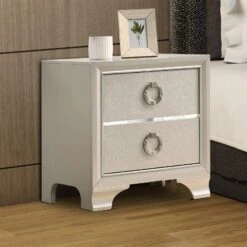 Two Drawers Wooden Nightstand With Oversized Ring Handles, Silver- Benzara -Home Furniture Shop 6e3387498ede42cbbc715f9442bcd1b7