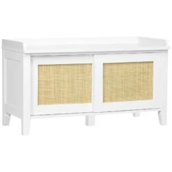 Entry Way Bench Shoe Storage Bench With Shoe Cabinets 2 Rattan Sliding Doors And Pine Wood Legs For Hallway White