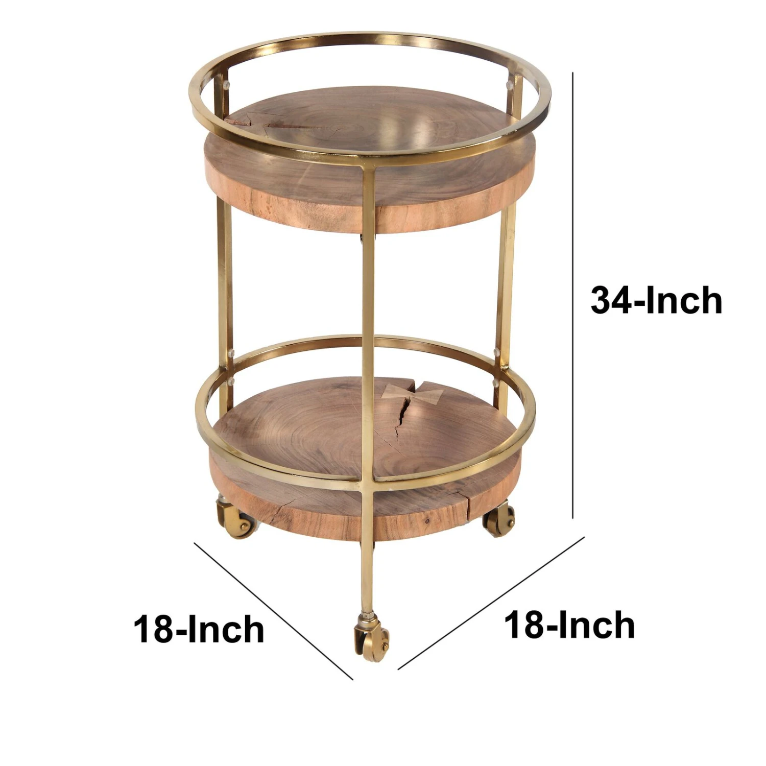 34 Inch 2 Tier Industrial Style Tea And Bar Cart, Live Edge Mango Wood Shelves, Metal Frame, Brown, Brass-Benzara 10 34 Inch 2 Tier Industrial Style Tea And Bar Cart, Live Edge Mango Wood Shelves, Metal Frame, Brown, Brass-Benzara - Image 8