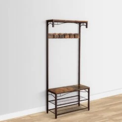 70 Inch Industrial Metal Framed Coat Rack, Wood Bench, Two Mesh Shelves, Rustic Brown, Black-Benzara 17 70 Inch Industrial Metal Framed Coat Rack, Wood Bench, Two Mesh Shelves, Rustic Brown, Black-Benzara -Home Furniture Shop 717cea5eb10a4a7fbdb5091f70d95c5e
