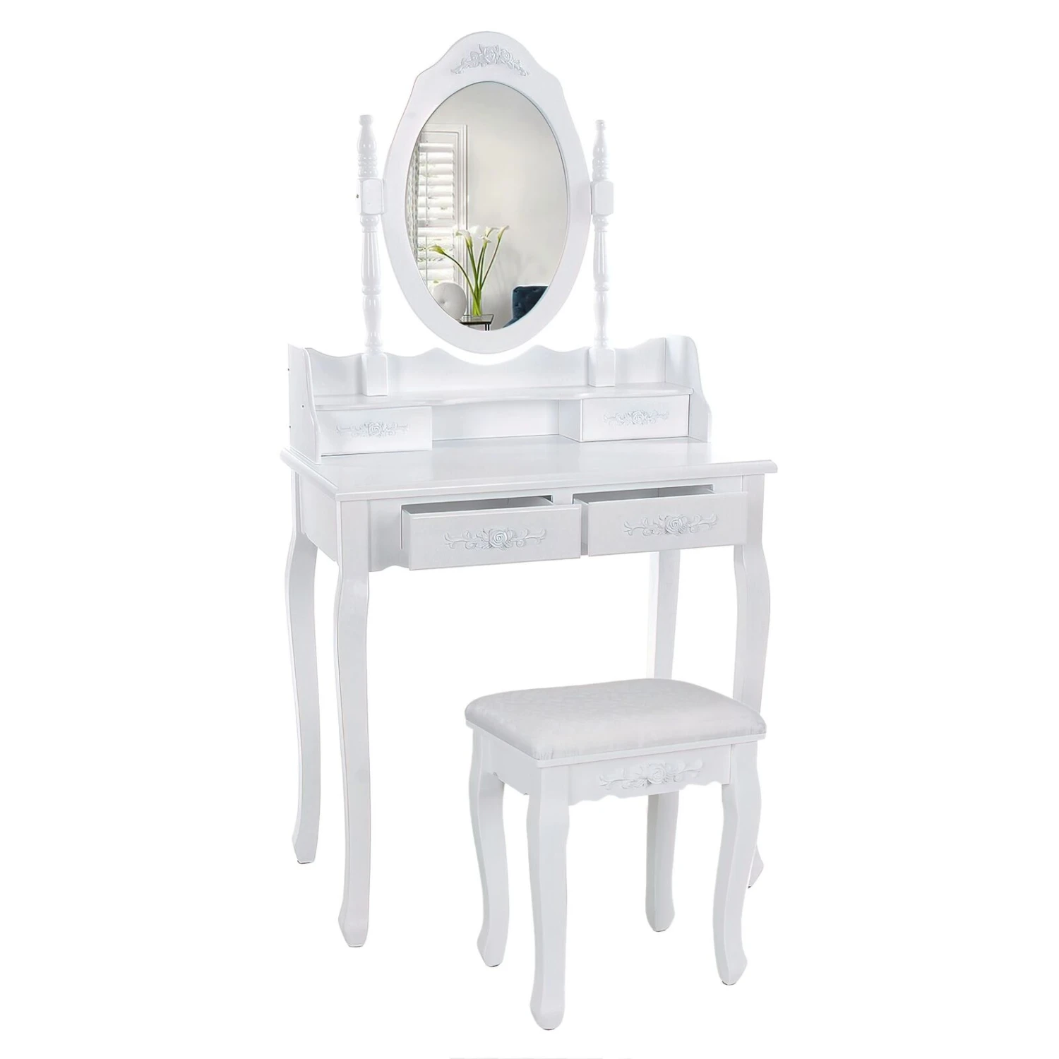 Ren 30 Inch 3 Piece Vanity Desk Set With Rotating Mirror And Matching Stool, 4 Drawers, Pure White Solid Wood-Benzara 6 Ren 30 Inch 3 Piece Vanity Desk Set With Rotating Mirror And Matching Stool, 4 Drawers, Pure White Solid Wood-Benzara - Image 4