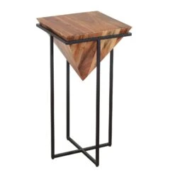 30 Inch Pyramid Shape Wooden Side Table With Cross Metal Base, Brown And Black-Benzara