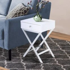Wood And Metal Side Table With Crossed Base, White And Silver-Benzara -Home Furniture Shop 72c0b5814b604a36b315dea4961af01b