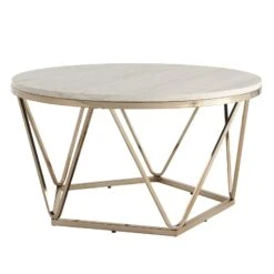 Homezia 33" Champagne Solid Manufactured Wood And Metal Round Coffee Table 11 Homezia 33" Champagne Solid Manufactured Wood And Metal Round Coffee Table -Home Furniture Shop 73d8b80513934558b71f64619075cf25