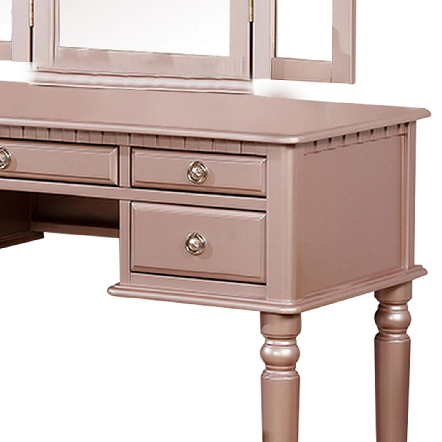 Vanity Set With Turned Tapered Legs And Three Piece Mirror, Rose Gold-Benzara 6 Vanity Set With Turned Tapered Legs And Three Piece Mirror, Rose Gold-Benzara - Image 4