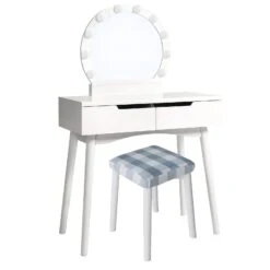 32 Inch 2 Piece Vanity Dressing Table Set With LED Mirror, 2 Drawers, And A Cushioned Stool, White Solid Wood-Benzara -Home Furniture Shop 745c0fa22a76472198137e7dc3e4c173