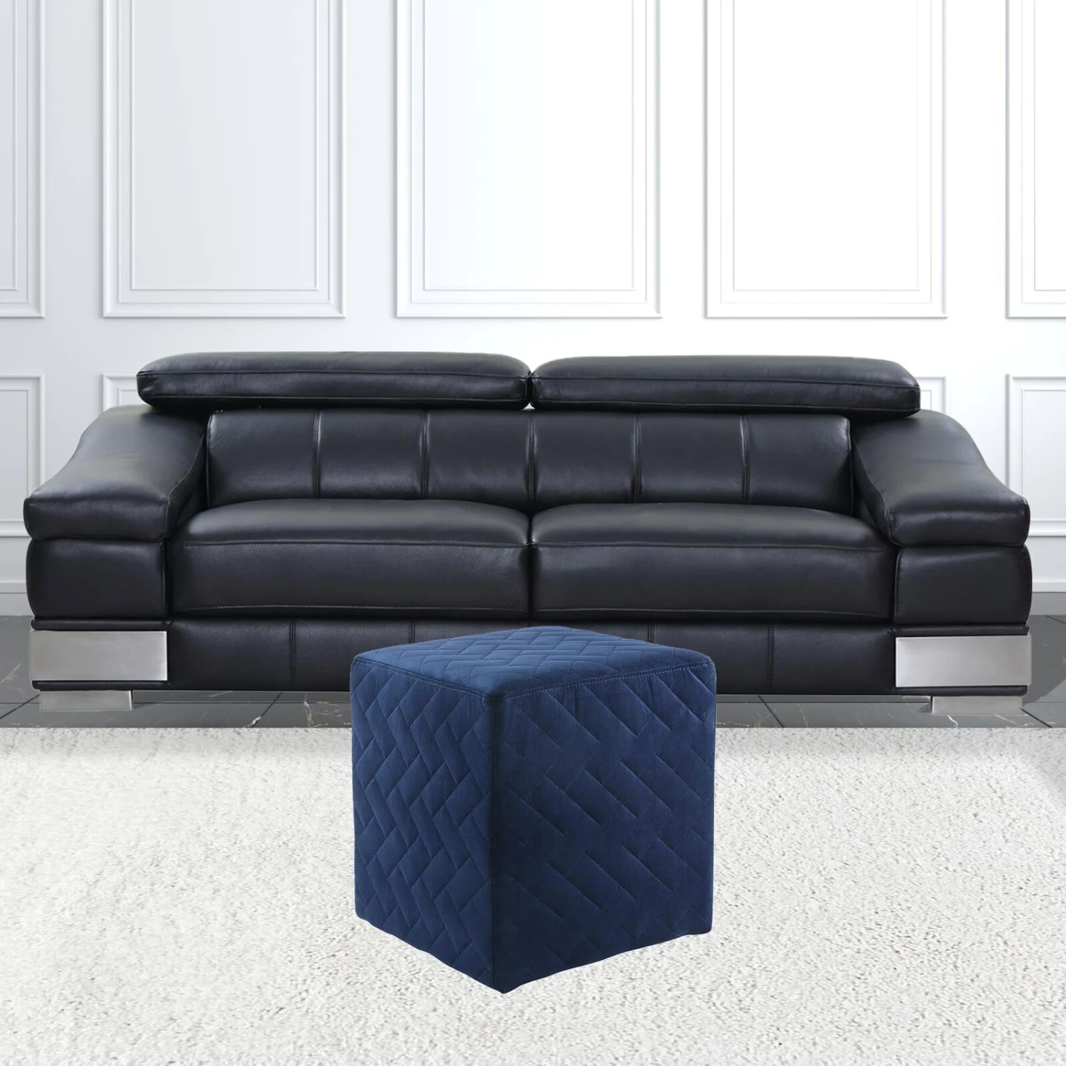 Homezia 17" Navy Velvet Quilted Cube Ottoman 10 Homezia 17" Navy Velvet Quilted Cube Ottoman - Image 8