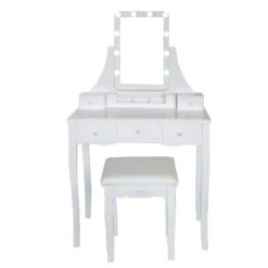 32 Inch 3 Piece Vanity Desk Set With LED Lights, 5 Drawers, Cushioned Stool, White Solid Wood-Benzara -Home Furniture Shop 75c5698863104e5698c823878ff7f73f