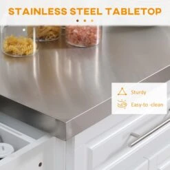 White Rolling Kitchen Island With Storage, Portable Kitchen Cart With Stainless Steel Top, 2 Drawers, Spice, Knife And Towel Rack -Home Furniture Shop 75ef9bd92a6a4ff4b5db9b44578d06ad