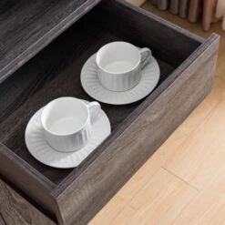 Distressed Grey LED Light Fixture Curio With 2 Glass Shelves, Drawer And Storage Cabinet -Home Furniture Shop 7633584a1d5947f786e98faf1d19f03e