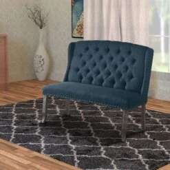 48 Inch Classic Loveseat Bench, 2 Seater, Linen, Tufted, Nailhead, Blue-Benzara -Home Furniture Shop 7945e1d40b48406980dccacec5f62b9c