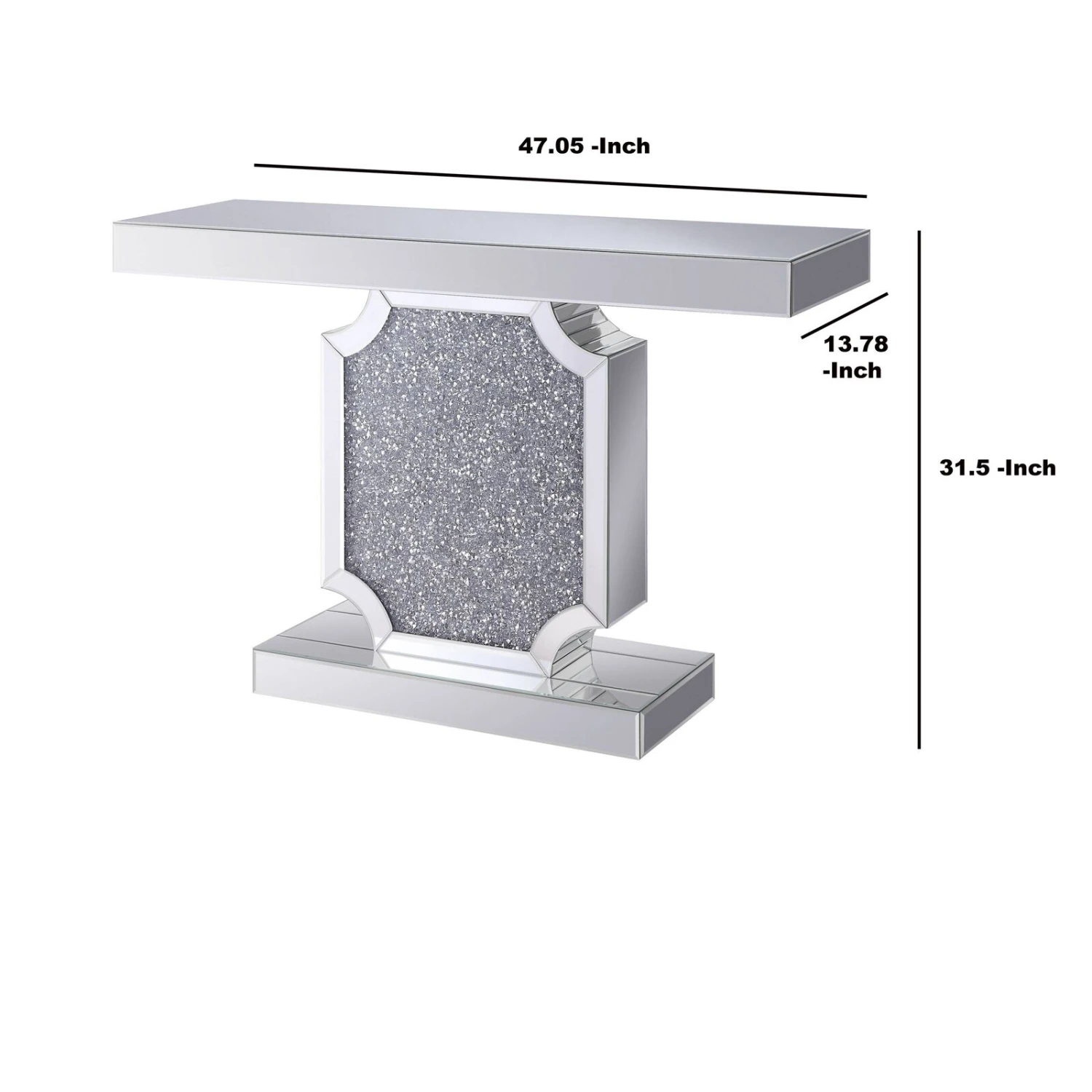 Wood And Mirror Console Table With Faux Crystal Accented Sculptural Pedestal Base, Clear-Benzara 7 Wood And Mirror Console Table With Faux Crystal Accented Sculptural Pedestal Base, Clear-Benzara - Image 5