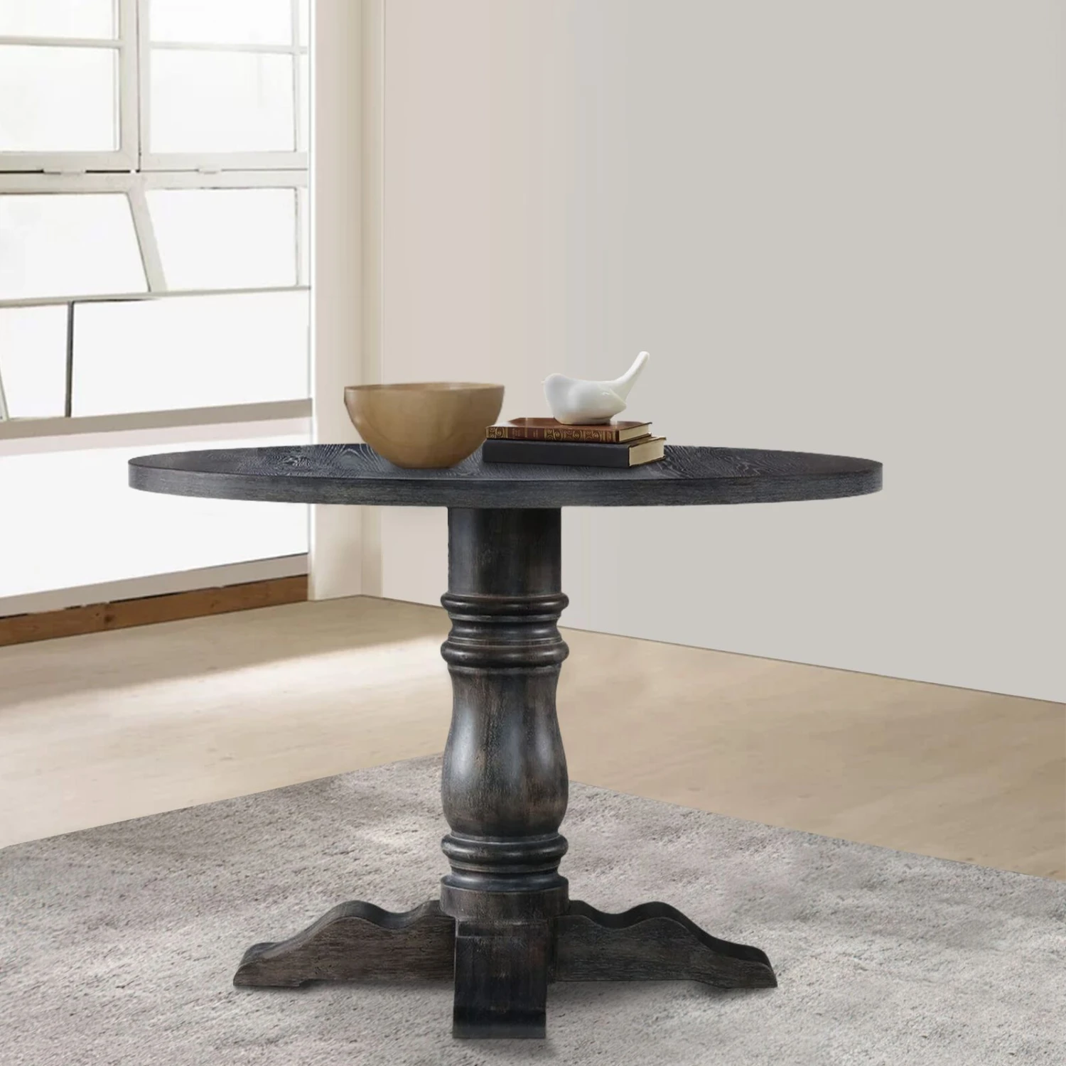 Wooden Round Dining Table With Heavy Pedestal Feet, Weathered Gray-Benzara 8 Wooden Round Dining Table With Heavy Pedestal Feet, Weathered Gray-Benzara - Image 6