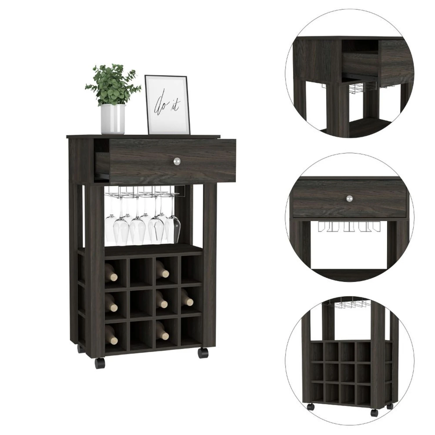 DEPOT E-SHOP Margh Bar Cart, Twelve Built-in Wine Rack, Drawer, Carbon Espresso 4 DEPOT E-SHOP Margh Bar Cart, Twelve Built-in Wine Rack, Drawer, Carbon Espresso - Image 2