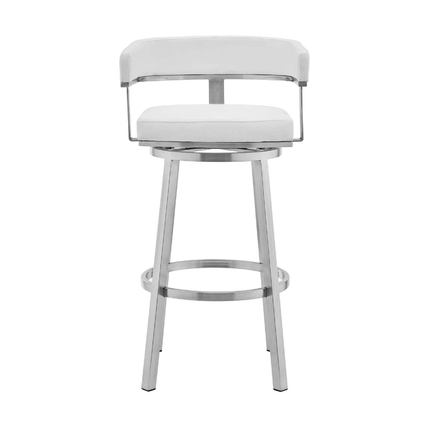 Swivel Barstool With Open Curved Back And Metal Legs, White And Silver-Benzara 3 Swivel Barstool With Open Curved Back And Metal Legs, White And Silver-Benzara