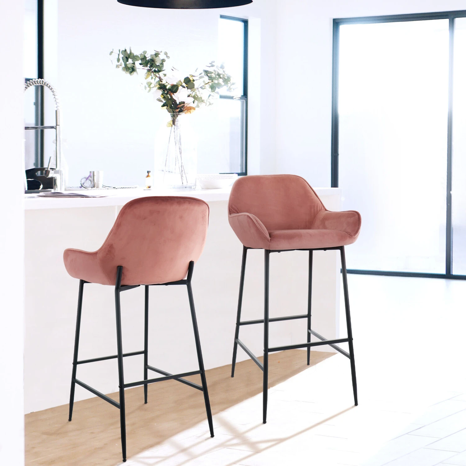 Elama 2 Piece Velvet Bar Stool In Blush Pink With Black Legs 4 Elama 2 Piece Velvet Bar Stool In Blush Pink With Black Legs - Image 2