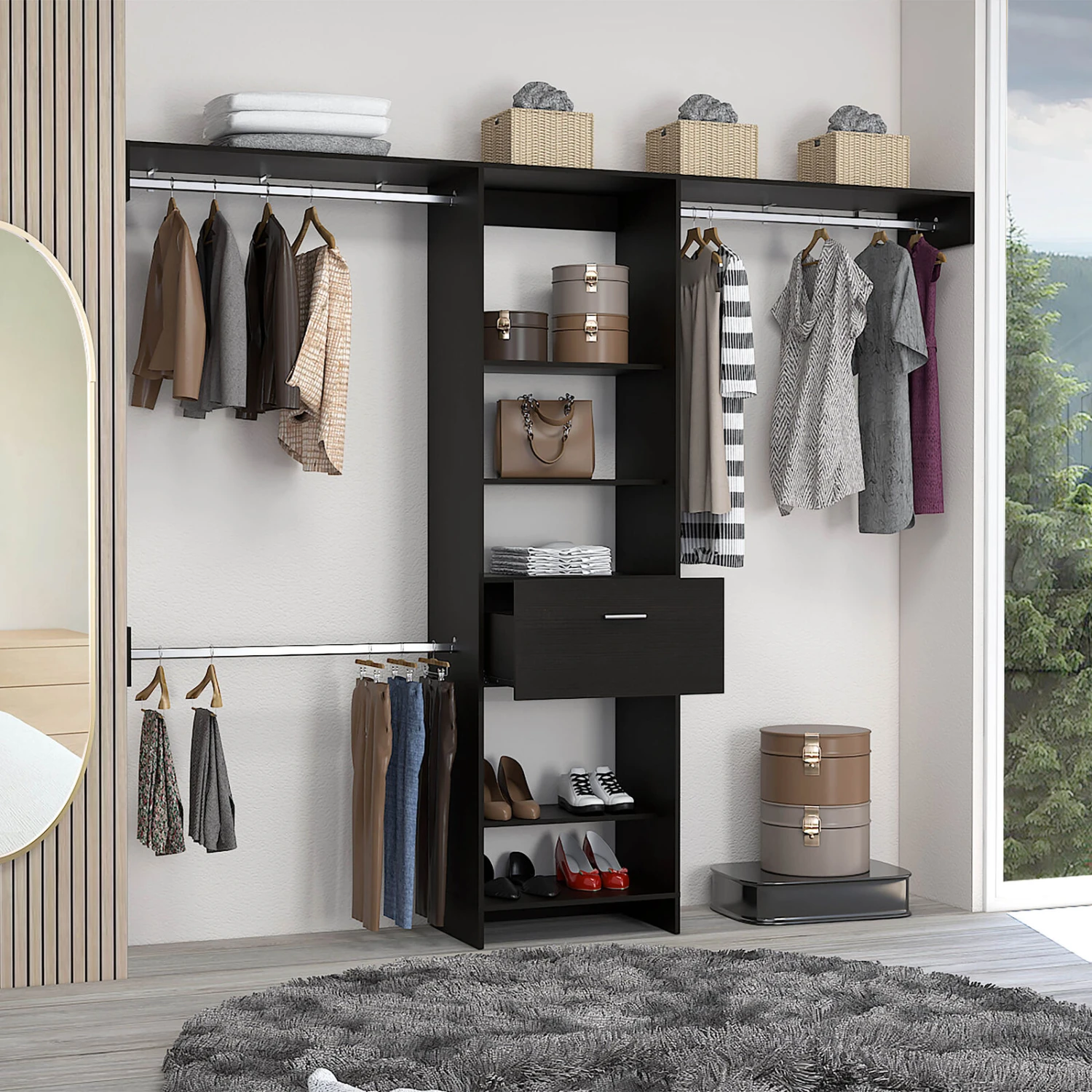 DEPOT E-SHOP Brisk Closet System, One Drawer, Three Metal Rods, Five Open Shelves, Black 4 DEPOT E-SHOP Brisk Closet System, One Drawer, Three Metal Rods, Five Open Shelves, Black - Image 2