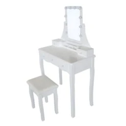 32 Inch 3 Piece Vanity Desk Set With LED Lights, 5 Drawers, Cushioned Stool, White Solid Wood-Benzara -Home Furniture Shop 7dbe8b548f844ac09723071a25a8d02c